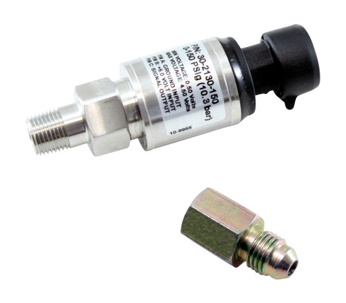 AEM 150 PSIg Stainless Sensor Kit. Stainless Steel Sensor Body. 1/8" NPT Male Thread. Includes: 150 PSIg Stainless Sensor, Connector, Pins & 1/8" NPT to -4 Adapter
Stainless-steel sensors accurate to within 1% of full scale (pressure sensors)
High-quality sealed sensor housings are virtually impervious to automotive fluids (360-degree welded wetted area)
Connector and pins included
Accuracy: +/- 0.5% Full Scale over -40C to 105C includes Repeatability, Hysteresis and Linearity
Operating Temp: -40C to 105C / -40F to 221F
Burst Pressure: 1500PSI
Response Time: < 1ms
Vibration:100 to 2000Hz, 20g Sinusoidal, 3 Axes
Sensor Body: Stainless Steel
Wetted Materials: 304L & 316L Stainless Steel
Thread: 1/8" NPT Male Thread
Weight: < 85 Grams
Supply Current:
Output: .5 to 4.5Vdc Linear
Elec. Termination: Integral weatherproof connector, includes mating connector, pins & pin lock
Includes: 150 PSIg Stainless Sensor, Connector, Pins, Pin Lock, 1/8" NPT to -4 Adapter