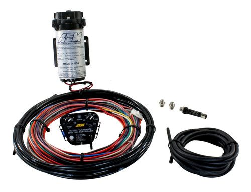 AEM V2 Water/Methanol Nozzle and Controller Kit, Standard Controller - Internal MAP with 35psi max, 200psi WM Pump, Jets, NO TANK INC.
WATER/METHANOL INJECTION ADVANTAGES FOR GAS ENGINES:

Reduces Air Inlet Charge Temps
The term “liquid intercooling” with water/methanol injection refers to a highly atomized mist of water/methanol that is injected into the airstream and begins to evaporate. As it does, this evaporative effect reduces air charge temps by as much as 100 degrees, and delivers a more oxygen-rich air charge.

Reduces Detonation (Knock)
Water absorbs heat, and methanol is a cool burning, anti-knock rated fuel. When combined and introduced into the inlet stream, they can effectively increase your vehicle’s anti-knock index so you can reliably increase boost pressure and advance ignition timing using pump gas.

Reduces Carbon Deposits
Modern vehicles fitted with Exhaust Gas Recirculation (EGR) devices for emissions control promote heavy carbon build up inside the air intake. This carbon build-up can create ‘hot spots’ in the combustion chambers that can cause detonation. Water/methanol injection has a ‘steam cleaning’ effect that reduces this carbon build up, and in some cases can increase fuel economy.