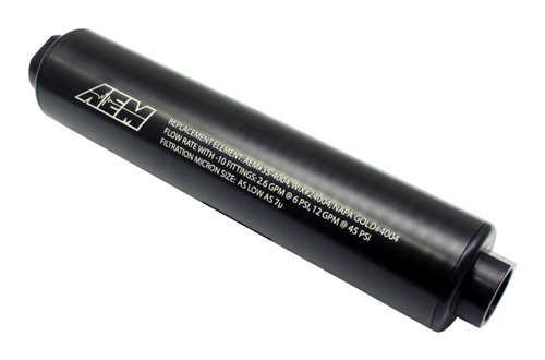 AEM Universal High Volume Fuel Filter. Inlet: -10AN Outlet: -10AN
Supports flow for racing and Motorsports vehicles up to 500 horsepower
Fits in stock Honda/Acura location or as a floating application on any vehicle
Large hexes machined into top and bottom for easy disassembly
Thread sizes for filter are 12x1.25 top and 14x1.50 bottom for fittings (universal applications)
Uses standard high flow replacement filter (NAPA Gold Part #PN4950 or FRAM part #CH6069)
No additional parts required for installation (Honda/Acura Only)