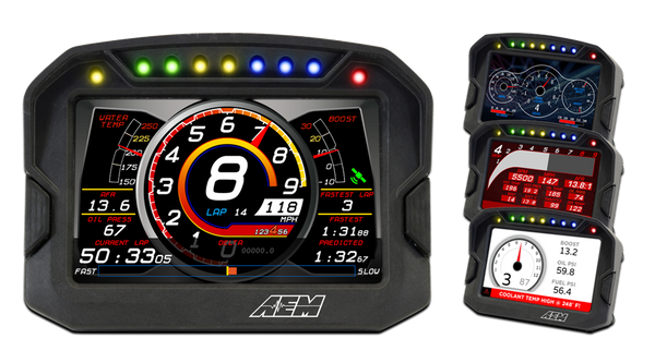 AEM Digital Dash Display, CD-5LG logging, GPS enabled racing dash, CAN input only, 5-inch diagonal screen, carbon fiber enclosure, GPS antenna and wiring harness included
Full color 5” screen with 800x480 resolution
Direct sunlight readable (1000cd/m2 brightness and anti-glare filter)
Layout files interchangeable with all versions of the CD-7
Wiring interface/harness is identical to the CD-7
Rugged, lightweight flow-molded carbon fiber composite enclosure
Total display weight of 11.7 oz./331 grams
IP66 water resistance allows for operation in boats and motorcycles without worry
Accepts channels from two separate user programmable CAN bus connections – works with AEMnet enabled devices and non-AEM 3rd party devices side by side
Plug & Play Adapter Cables available for Holley, Link, MSD Atomic and Vi-Pec ECUs
Accepts channels from 2008-up factory ECUs using Plug & Play OBDII CAN Adapter Cable (PN 30-2217, sold separately)
Install the CD-5 Carbon on carbureted and pre-2008 stock ECU-equipped vehicles using a 22 Channel CAN Sensor Module (PN 30-2212, sold separately)
Available with or without 200Mb internal logging (up to 1,000Hz/channel)
Available with or without on-board GPS receiver and antenna
Add Vehicle Dynamics Module for GPS, 3-axis gyroscope and 3 axis accelerometer for G-loads, roll, pitch, yaw, track mapping and lap timing (PN 30-2206, sold separately)
Seven programmable pages including four Main pages, Alarm, On-Change and Start-up pages
Dedicated Alarm page quickly identifies problems, programmable in almost any language! (user defined)
Unique On-Change page can be used to identify map switching for boost, traction, lap times, etc.
Use included page layouts and input your channels and text, or create your own from scratch
Free DashDesign Graphics Editor software
Seven LED RPM/shift light indicators on top of the housing (programmable and dimmable)
Two programmable LEDs
Odometer function
Over 200 supplied fully programmable SAE and custom warning icons, and you can add your own
‘Headlight-in’ connection dims the dash and LEDs during night operation
Two extra switch inputs included for displaying user-triggered events (blinkers, high beams etc.)
User supplied graphics can be changed based on channel values (up to the full screen size)
Convert CAN bus channel values to user-defined text in multiple languages