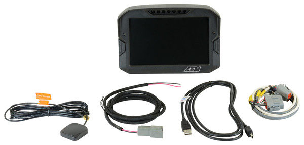 AEM Digital Dash Display, CD-7G non-logging, GPS enabled racing dash, CAN input only, 7-inch diagonal screen, carbon fiber enclosure, GPS antenna and wiring harness included (Does NOT Include Vehicle Dynamics Module)
Full color 7” screen with 800x480 resolution
Direct sunlight readable (1000cd/m2 brightness and anti-glare filter)
Layout files interchangeable with all versions of the CD-5 Carbon
Wiring interface/harness is identical to the CD-5 Carbon
Rugged, lightweight flow-molded carbon fiber composite enclosure
Total display weight of 20.9 oz. / 595 grams
IP65 water resistance - open cockpit, marine and motorcycle safe
Accepts channels from two separate user programmable CAN bus connections – works with AEMnet enabled devices and non-AEM 3rd party devices side by side
Plug & Play Adapter Cables available for Holley, Link, MSD Atomic and Vi-Pec ECUs
Accepts channels from 2008-up factory ECUs using Plug & Play OBDII CAN Adapter Cable (PN 30-2217, sold separately)
Install the CD-7 Carbon on carbureted and pre-2008 stock ECU-equipped vehicles using a 22 Channel CAN Sensor Module (PN 30-2212, sold separately)
Available with or without 200Mb internal logging (up to 1,000Hz/channel)
Available with or without on-board 20Hz GPS receiver and antenna
Add a Vehicle Dynamics Module for GPS, 3-axis gyroscope and 3 axis accelerometer for G-loads, roll, pitch, yaw, track mapping and lap timing (PN 30-2206, sold separately)
Add an 8 Channel K-Type EGT CAN Module for 8 additional temps via AEMnet CAN bus (PN 30-2224, sold separately)
Seven programmable pages including four Main pages, Alarm, On-Change and Start-up pages
Dedicated Alarm page quickly identifies problems, programmable in almost any language! (user defined)
Unique On-Change page can be used to identify map switching for boost, traction, lap times, etc.
Use included page layouts and input your channels and text, or create your own from scratch
Free DashDesign Graphics Editor software
Seven LED RPM/shift light indicators on top of the housing (programmable and dimmable)
Two programmable LEDs
Odometer function
Over 200 supplied fully programmable SAE and custom warning icons, and you can add your own
‘Headlight-in’ connection dims the dash and LEDs during night operation
Two extra switch inputs included for displaying user-triggered events (blinkers, high beams etc.)
User supplied graphics can be changed based on channel values (up to the full screen size)
Convert CAN bus channel values to user-defined text in multiple languages