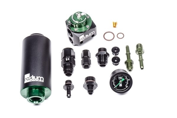 Radium FPR and Fuel Filter Kit, Stainless, BMW E46 M3
The complete 20-0430-05 kit is shown. All necessary hardware and adapter fittings are included. Nothing else is required.