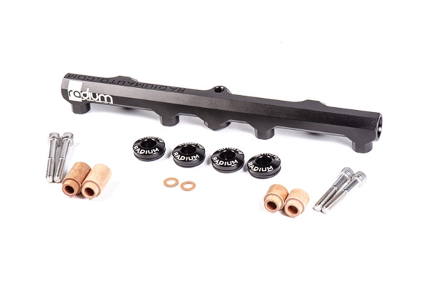 Radium Fuel Rail, Top Feed Conversion, Nissan KA24DE
Included
-Black Anodized Aluminum Fuel Rail
-Phenolic Mounting Bolt Spacers, Short (x2)
-Phenolic Mounting Bolt Spacers, Tall (x2)
-Phenolic Mounting Bolt Washers (x2)
-Radium 20-0160, 30mm Injector Seats (x4)
-Stainless Steel Mounting Bolts, Short (x2)
-Stainless Steel Mounting Bolts, Tall (x2)