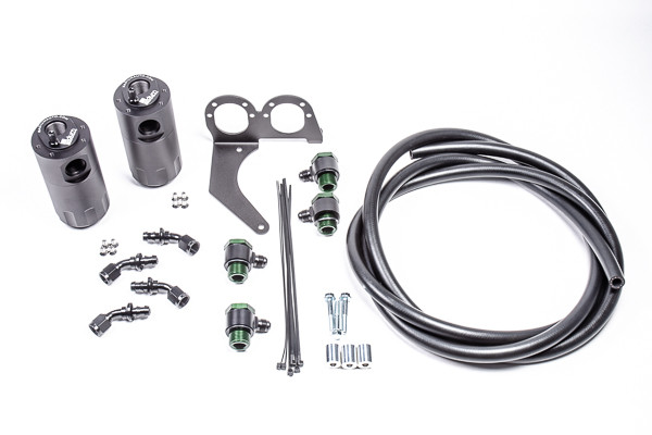 Radium Dual Catch Can Kit, CCV, Nissan R35 GT-R
Each kit features the following: 
-Anodized oil catch can(s) with integrated condenser and dipstick(s)
-Anodized aluminum R35 GT-R specific mounting brackets
-Anodized aluminum -AN adapter fittings and hose ends
-Stainless steel mounting hardware
-Radium Engineering PCV hose