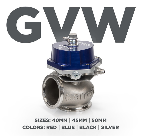 Garrett External Wastegate GVW-40 Blue
Features
CFD tested for maximum flow and thermal efficiency
Optimized actuation stability and temperature resistance for superior durability
Replaceable valve and bushing components to increase service life
Robust design for easy diaphragm replacement
Liquid-cooled actuator ports for use on severe applications (up to 52% reduction in body temp)
Anodized aluminum actuator cover
Four Colors: Red | Blue | Black | Silver
Three Sizes: 40mm | 45mm | 50mm
Springs | Fittings | Flanges | V-bands included
Standard Base Pressure: 1 Bar | 14.5 PSI
Maximum Base Pressure: GVW40: 25 PSI | 1.7 Bar
Minimum Base Pressure: 3 PSI | 0.2 Bar