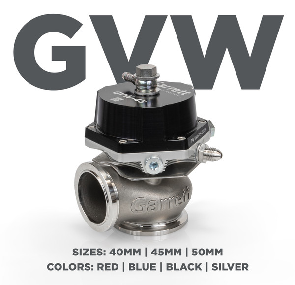 Garrett External Wastegate GVW-40 Black
Features
CFD tested for maximum flow and thermal efficiency
Optimized actuation stability and temperature resistance for superior durability
Replaceable valve and bushing components to increase service life
Robust design for easy diaphragm replacement
Liquid-cooled actuator ports for use on severe applications (up to 52% reduction in body temp)
Anodized aluminum actuator cover
Four Colors: Red | Blue | Black | Silver
Three Sizes: 40mm | 45mm | 50mm
Springs | Fittings | Flanges | V-bands included
Standard Base Pressure: 1 Bar | 14.5 PSI
Maximum Base Pressure: GVW40: 25 PSI | 1.7 Bar
Minimum Base Pressure: 3 PSI | 0.2 Bar