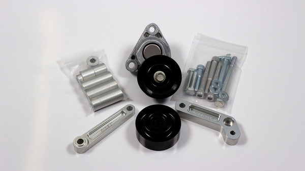 Front drive mount kit includes Power steering spacers and hardware (need to add either PS Delete or PS mount), Alternator mounting brackets and hardware, Tensioner and hardware.