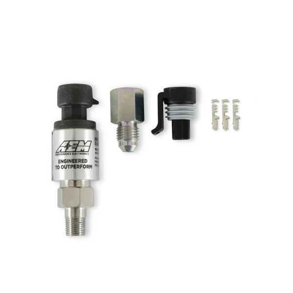 AEM 2000 PSIg Stainless Sensor Kit. Stainless Steel Sensor Body. 1/8" NPT Male Thread. Includes: 2000 PSIg Stainless Sensor, Connector, Pins & 1/8" NPT to -4 Adapter