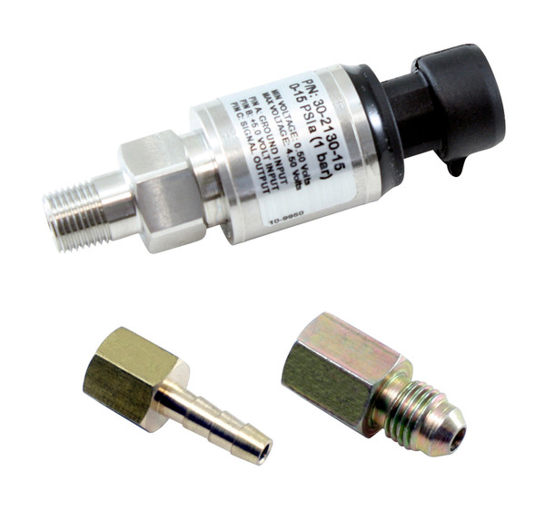 AEM 15 PSIa or 1 Bar Stainless Sensor Kit. Stainless Steel Sensor Body. 1/8" NPT Male Thread. Includes: 15 PSIa or 1 Bar Stainless Sensor, Connector, Pins, 1/8" NPT to -4 Adapter & 1/8" NPT to 3/16" Barb Adapter
Stainless-steel sensors accurate to within 1% of full scale (pressure sensors)
High-quality sealed sensor housings are virtually impervious to automotive fluids (360-degree welded wetted area)
Connector and pins included
Accuracy: +/- 1% Full Scale over -40C to 105C includes Repeatability, Hysteresis and Linearity
Operating Temp: -40C to 105C / -40F to 221F
Burst Pressure: 150PSI
Response Time: < 1ms
Vibration:100 to 2000Hz, 20g Sinusoidal, 3 Axes
Sensor Body: Stainless Steel
Wetted Materials: 304L & 316L Stainless Steel
Thread: 1/8" NPT Male Thread
Weight: < 85 Grams
Supply Current:
Output: .5 to 4.5Vdc Linear
Elec. Termination: Integral weatherproof connector, includes mating connector, pins & pin lock
Includes: 15 PSIa or 1 Bar Stainless Sensor, Connector, Pins, Pin Lock, 1/8" NPT to -4 Adapter & 1/8" NPT to 3/16" Barb Adapter