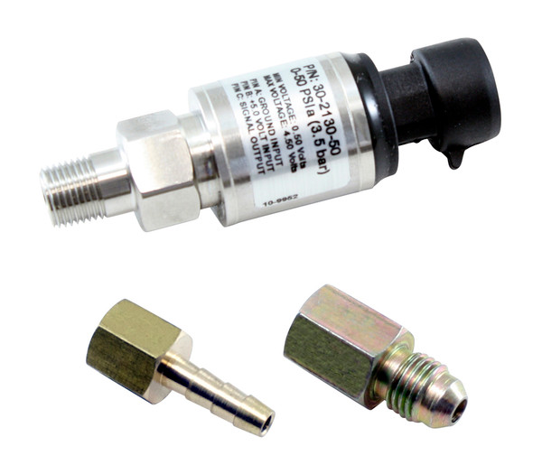 AEM 50 PSIa or 3.5 Bar Stainless Sensor Kit. Stainless Steel Sensor Body. 1/8" NPT Male Thread. Includes: 50 PSIa or 3.5 Bar Stainless Sensor, Connector, Pins, 1/8" NPT to -4 Adapter & 1/8" NPT to 3/16" Barb Adapter
Stainless-steel sensors accurate to within 1% of full scale (pressure sensors)
High-quality sealed sensor housings are virtually impervious to automotive fluids (360-degree welded wetted area)
Connector and pins included
Accuracy: +/- 1% Full Scale over -40C to 105C includes Repeatability, Hysteresis and Linearity
Operating Temp: -40C to 105C / -40F to 221F
Burst Pressure: 500PSI
Response Time: < 1ms
Vibration:100 to 2000Hz, 20g Sinusoidal, 3 Axes
Sensor Body: Stainless Steel
Wetted Materials: 304L & 316L Stainless Steel
Thread: 1/8" NPT Male Thread
Weight: < 85 Grams
Supply Current:
Output: .5 to 4.5Vdc Linear
Elec. Termination: Integral weatherproof connector, includes mating connector, pins & pin lock
Includes: 50 PSIa or 3.5 Bar Stainless Sensor, Connector, Pins, Pin Lock, 1/8" NPT to -4 Adapter & 1/8" NPT to 3/16" Barb Adapter