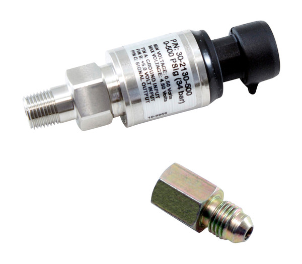 AEM 500 PSIg Stainless Sensor Kit. Stainless Steel Sensor Body. 1/8" NPT Male Thread. Includes: 500 PSIg Stainless Sensor, Connector, Pins & 1/8" NPT to -4 Adapter
Stainless-steel sensors accurate to within 1% of full scale (pressure sensors)
High-quality sealed sensor housings are virtually impervious to automotive fluids (360-degree welded wetted area)
Connector and pins included
Accuracy: +/- 0.5% Full Scale over -40C to 105C includes Repeatability, Hysteresis and Linearity
Operating Temp: -40C to 105C / -40F to 221F
Burst Pressure: 1500PSI
Response Time: < 1ms
Vibration:100 to 2000Hz, 20g Sinusoidal, 3 Axes
Sensor Body: Stainless Steel
Wetted Materials: 304L & 316L Stainless Steel
Thread: 1/8" NPT Male Thread
Weight: < 85 Grams
Supply Current:
Output: .5 to 4.5Vdc Linear
Elec. Termination: Integral weatherproof connector, includes mating connector, pins & pin lock
Includes: 150 PSIg Stainless Sensor, Connector, Pins, Pin Lock, 1/8" NPT to -4 Adapter