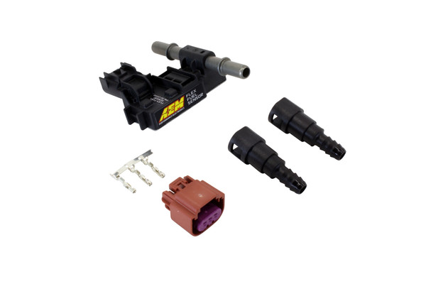 AEM Ethanol Content Flex Fuel Sensor Kit (Barbed). 3/8" Barbed Fittings. Includes: Flex Fuel Content Sensor, 3/8" Barbed Fittings, Connector, Terminals & Wire Seals
AEM’s Flex Fuel Ethanol Content Sensor Kits measure a vehicle’s fuel ethanol content percentage and fuel temperature, which allows users with programmable engine management systems (capable of tuning for flex fuel) the ability to optimize an engine’s tuning calibration for fuel ethanol content. While many gas stations label flex fuel as E85 (85% Ethanol and 15% Gasoline), actual ethanol content can be much different. Using AEM’s Flex Fuel Ethanol Content Sensor delivers the ability to determine the amount of fuel blend being used at any given time.