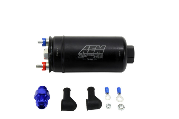 AEM 400lph Inline High Flow Fuel Pump. 400lph@43psi, 270LPH@120psi. -10AN Inlet & -6AN Outlet. Includes Fuel Pump, installation instructions, -6AN to -8AN check valve fitting, wiring terminal ends/covers/nuts. Included hardware is not application specific.
Designed for high output naturally aspirated and forced induction EFI vehicles
Popular “044 Style” physical configuration but with AN inlet & discharge port connections
Maintains very high flow even at boosted fuel pressures; 340LPH @ 73 PSI (30 psi boost)
Installs externally or in-tank
Each pump individually tested to flow minimum of 400LPH (100gph) @ 40 PSI
Compatible with Flex Fuel (E85/E90) and all types of gasoline (100% Alcohol fuels may diminish fuel pump life)
Kit includes fuel pump, -6 to -8 male AN discharge fitting with check valve, terminal nuts & boots, instructions
Optional -10 ORB fitting pre-filter, -6 and -8 discharge adapters without the integral check valves