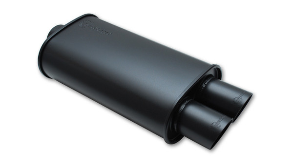 Vibrant Performance STREETPOWER Flat Black Oval Muffler with Dual Tips; Inlet ID: 2.50"(63.5mm) Tip OD: 3.00"(76.2mm) Center to Center: 3.25" (82.6mm)
Material: Stainless Steel
These stealthy mufflers are perfect for cruising under the radar and avoiding unwanted attention.
100% Stainless Steel Construction with a high temperature Flat Black coating.
Our "true straight through" internals feature a stainless steel perforated tube that is wrapped in our premium quality, multi-layer sound suppression materials that produce a low, deep tone while allowing for unrestricted flow and maximum horsepower.
Tips: Dual Round, Single Wall, Angle Cut
Measurements:
Height: 5"
Width: 9"
Length: 15"
OAL: 20" (including the exhaust tip)