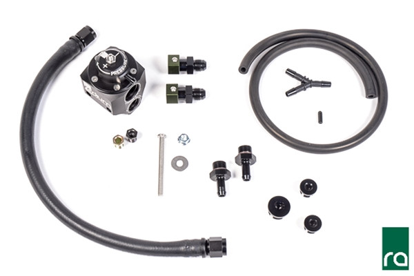 Radium Fuel Pressure Regulator, FPR Kit, 08-17 Subaru STi, Black
This kit is designed for use in the USDM 2008-2019 Subaru WRX STi (EJ257 only) and replaces the OEM fuel pressure regulator and damper assembly, shown below. The factory STi fuel line routing uses a quasi dead-end system that circulates fuel through the regulator, bypassing the engine. Fuel is only routed to the engine when there is demand.