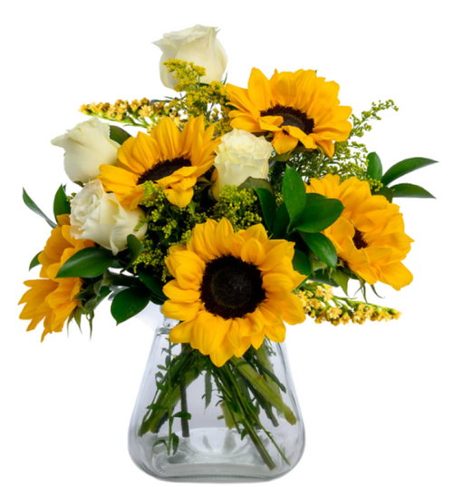 Compact Sweet Sunshine arrangement with sunflowers, white roses, and solidago – Phoenix AZ