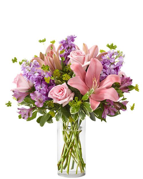 Fresh Blossoms arrangement with pink roses, lilies, lavender stock, alstroemeria, and bupleurum in Phoenix Arizona