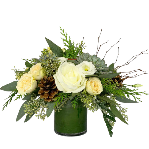 Woodland Elegance winter arrangement with white flowers, succulent, and pine cones in Phoenix AZ