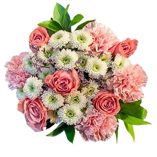 Bubble Gum farm fresh bouquet with light pink roses, pink carnations, white button poms, and limonium in a vase, Phoenix Flower Market