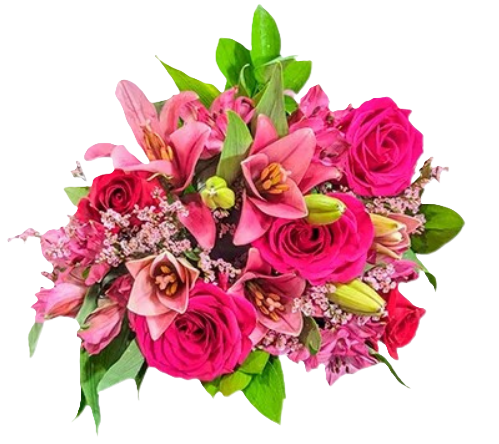 You Make My Heart Bloom farm fresh bouquet with red roses, pink roses, and pink lilies in a vase, Phoenix Flower Market