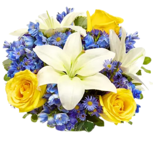 Bluebird Morning farm fresh bouquet with yellow roses, white Asiatic lilies, and blue delphinium in a vase, Phoenix Flower Market