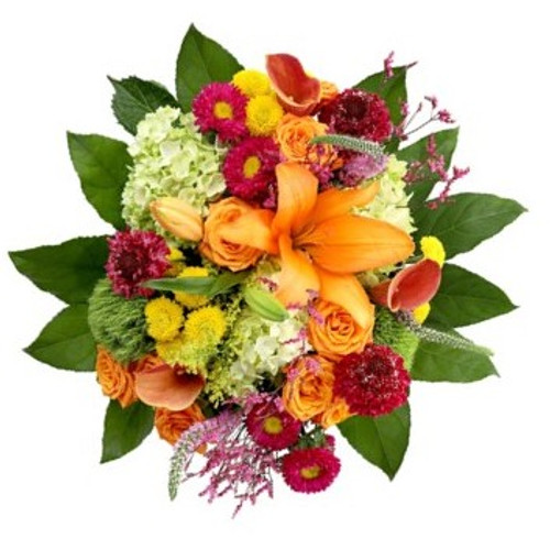 Celebrate with the Garden Party bouquet – a vibrant farm fresh mix of orange lilies, mini callas, spray roses, green dianthus, hydrangea, yellow buttons, and hot pink asters. Bursting with bold color and joy!