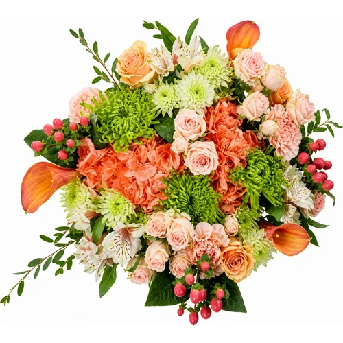 Poppin Petals Farm Fresh Bouquet with peach hydrangea, roses, callas, green spider mums, and pink berries in Phoenix Arizona