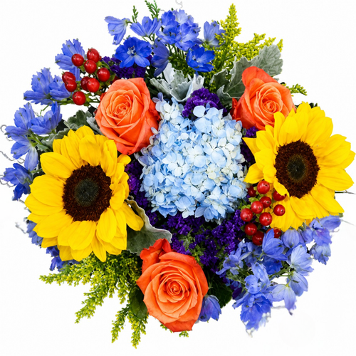 Happiness Happens Farm Fresh Bouquet with sunflowers, orange roses, blue hydrangea, delphinium, and red hypericum in Phoenix Arizona