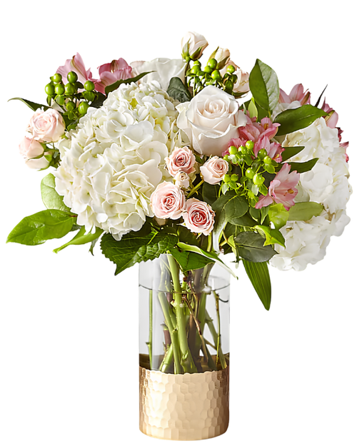 Timeless Blush floral arrangement with white hydrangea, blush roses, alstroemeria, and gold vase in Phoenix Arizona