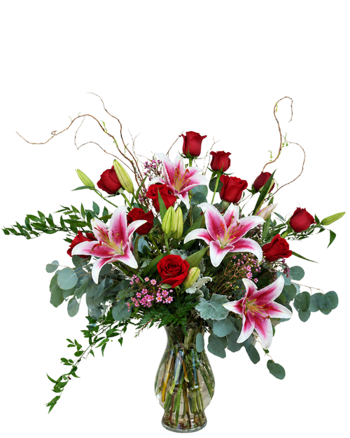 The Rose Affair bouquet with red roses and stargazer lilies from Arizona Florist in Phoenix AZ