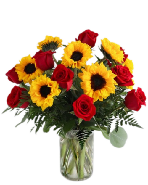 Amour Soleil bouquet with red roses and sunflowers, available at Arizona Florist in Phoenix AZ