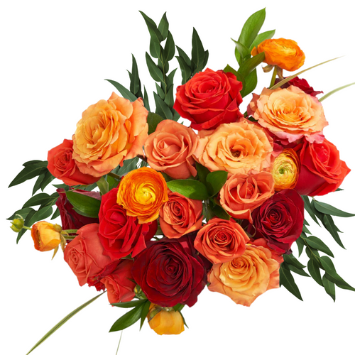Rose Blaze bouquet with red roses, orange roses, orange ranunculus, and greenery – Phoenix AZ