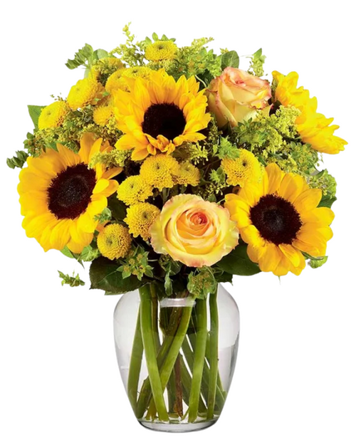 Mellow Yellow sunflower and yellow rose bouquet with button poms – Phoenix AZ