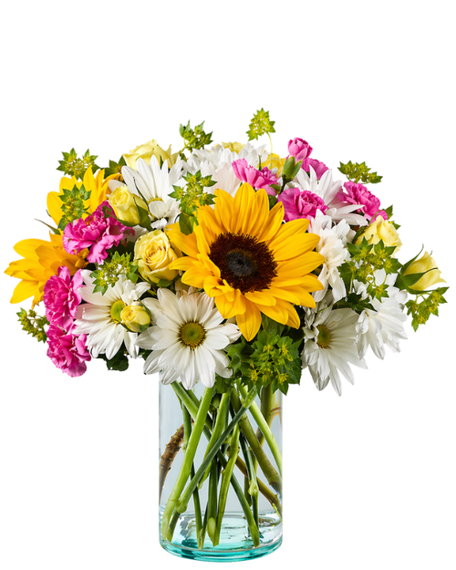 Sunny Side sunflower arrangement in vase with mixed blooms and greenery, gift-ready flowers in Phoenix Arizona