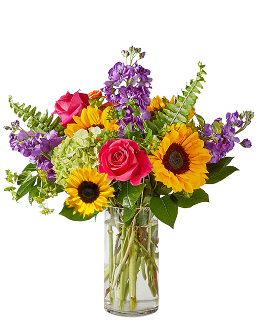 Sunflower Splash bouquet with sunflowers, hot pink roses, and green hydrangea – Phoenix AZ