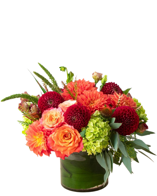 Dahlia Spice bouquet with dahlias, roses, hydrangea, and millet in a leaf-lined vase Phoenix AZ