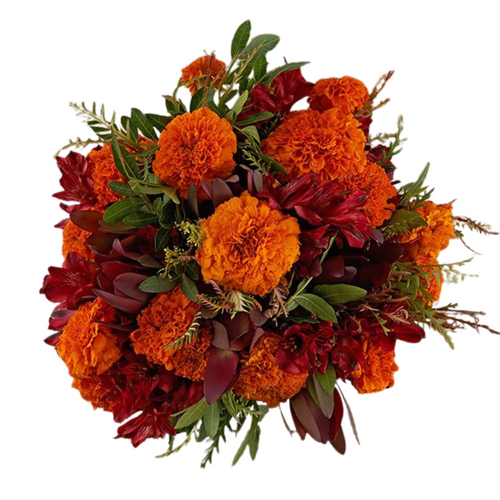 Marigold Inferno bouquet with marigolds, red lilies, safari sunset, and grevillea in Phoenix AZ.