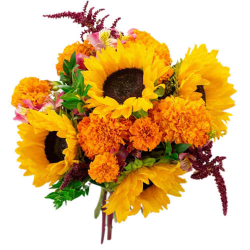 Marigold Aurora bouquet with sunflowers, marigolds, lilies, and amaranthus in Phoenix AZ.