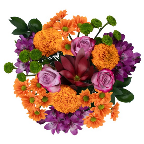 Marigold Jewel bouquet with marigolds, lavender roses, lilies, daisies, and button poms in Phoenix AZ.