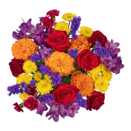 Marigold Fusion bouquet with marigolds, roses, lilies, mums, carnations, and statice in Phoenix AZ.