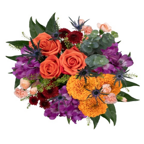 Marigold Mosaic bouquet with marigolds, roses, lilies, button mums, carnations, thistle, and eucalyptus in Phoenix AZ.
