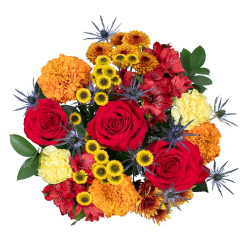 Marigold Glory bouquet with marigolds, roses, lilies, carnations, mums, button poms, and thistle in Phoenix AZ.