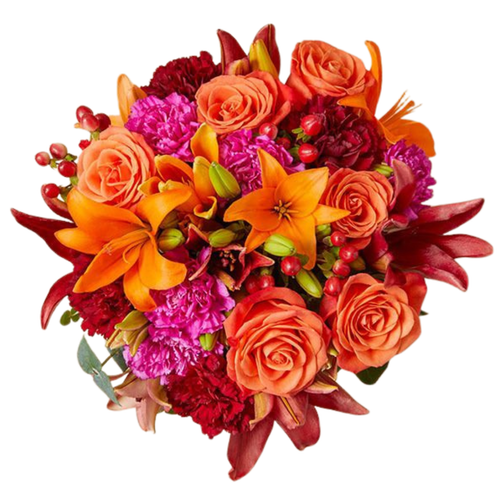 Spiced Lily Ember with orange and red lilies, orange roses, pink and burgundy carnations, and red hypericum berries – Arizona Flower Market Phoenix AZ Spiced Lily Ember with orange and red lilies, orange roses, pink and burgundy carnations, and red hypericum berries – Arizona Flower Market Phoenix AZ