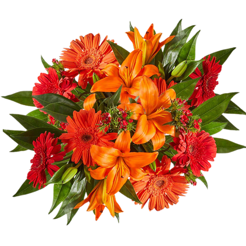 Fiery Lily Gather farm fresh bouquet with orange lilies, red gerbera, and dianthus at Arizona Flower Market in Phoenix AZ