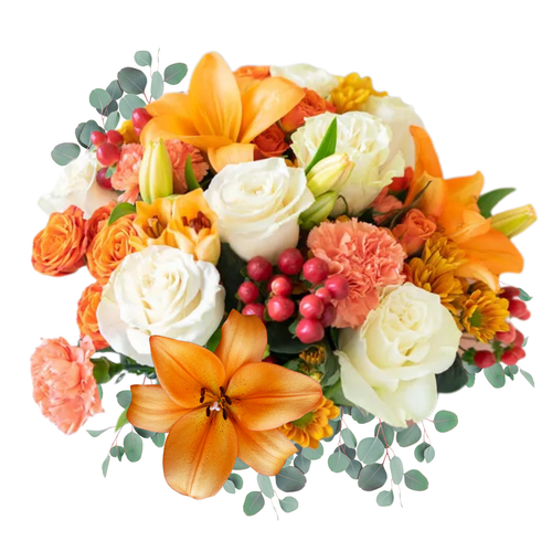 Lily and Spice bouquet with orange lilies, roses, carnations and bronze daisies at Arizona Flower Market in Phoenix AZ