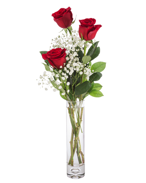 3 rose bud vase in Phoenix featuring three long stem roses arranged in a bud vase by a local florist for Valentine’s Day gifting