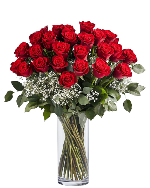 24 rose Valentine’s arrangement in Phoenix featuring two dozen long stem roses arranged in a vase by a local florist for Valentine’s Day gifting