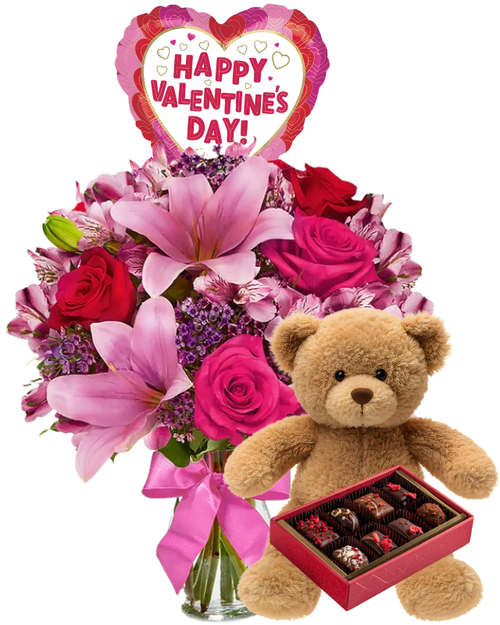 Decadent Dior Valentine’s Bundle with red roses, pink roses, lilies, plush bear, chocolates, and mylar balloon, Phoenix florist