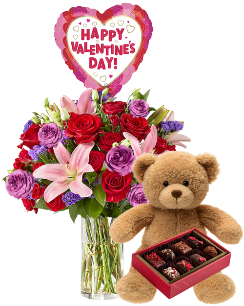 Lexi Valentine’s Bundle with red and lavender roses, pink lilies, plush bear, chocolates, and mylar balloon in a clear glass vase, Phoenix florist