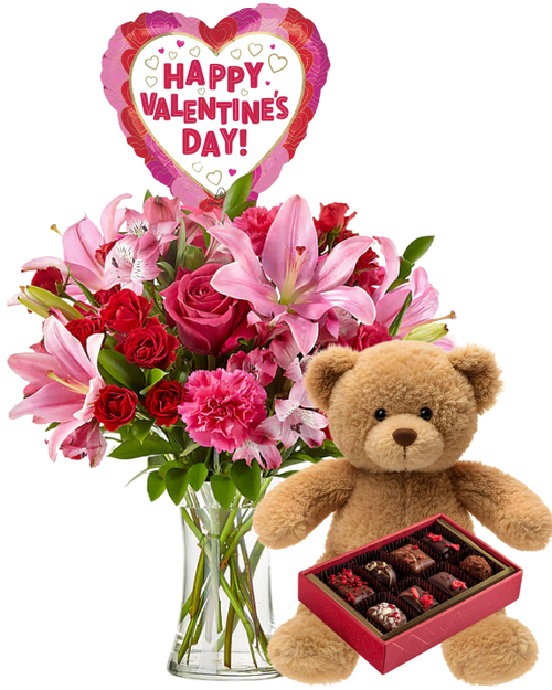 Mayra Valentine’s Bundle with hot pink roses, pink lilies, red spray roses, plush bear, chocolates, and mylar balloon in a clear glass vase, Phoenix florist